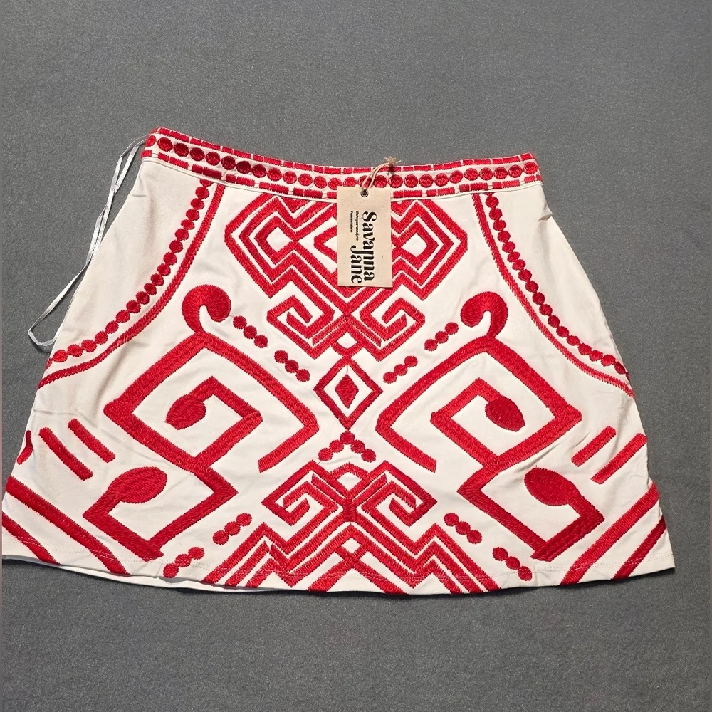 Savanna Jane White Mini Skirt with Red Geometric Embroidery - Picture 2 of 10